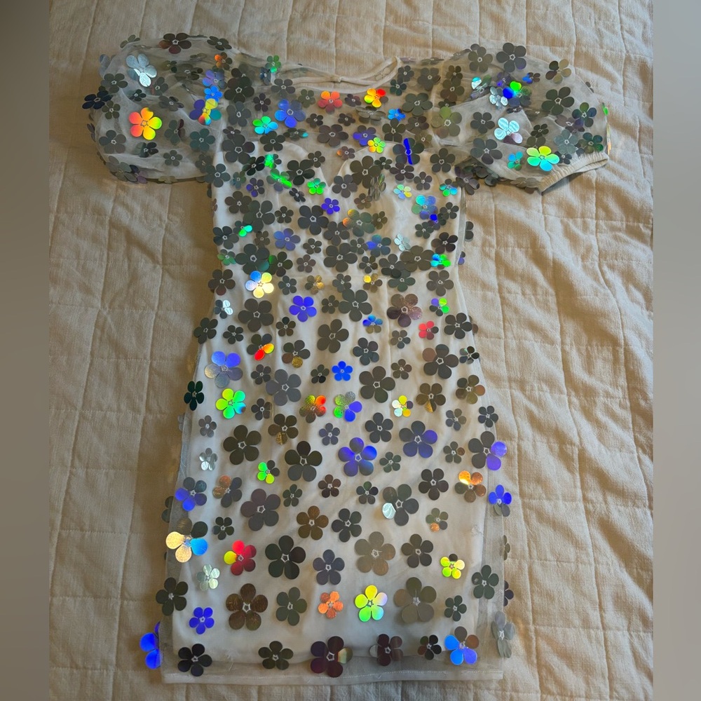 Floral Sequin Dress with Puff Sleeves